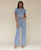 Avec Les Filles Women's Rhinestone-Trim Hollywood-Waist Wide-Leg Jeans