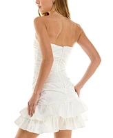 Crystal Doll Juniors' Rosette Strapless Ruched Tiered Mini Dress