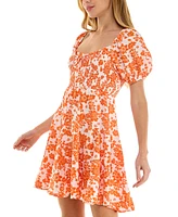 Crystal Doll Juniors' Smocked Short-Sleeve Babydoll Dress