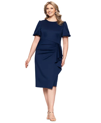 Xscape Plus Short-Sleeve Boat-Neck Draped Sheath Dress