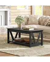 Wlive Farmhouse Coffee Table,Living Room Table with Storage,43 in Wood Center Table with V-Shaped Frame for Home Office,Apartment,Charcoal Black
