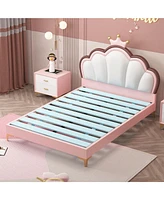 Queen Size Platform Bed Frame with Crown Shaped Headboard, Large Full Children's Bed Frame, Single Double Bed with Pu Leather Headboard