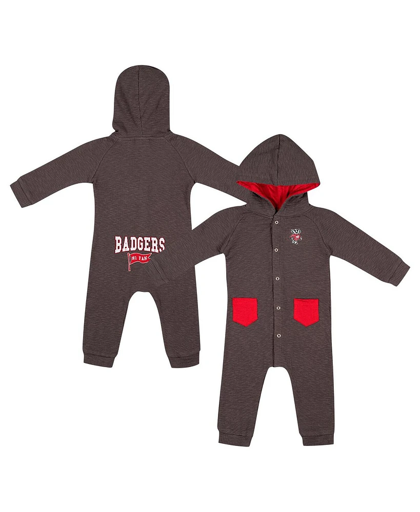 Colosseum Baby Boys and Girls Charcoal Wisconsin Badgers Zando-Zan Waffle Full-Snap Hooded Romper