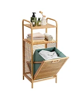 Tilt-out Bamboo Laundry Hamper with 2-Tier Shelf and Removable Liner