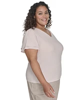 Calvin Klein Plus Solid V-Neck Double-Ruffle Top