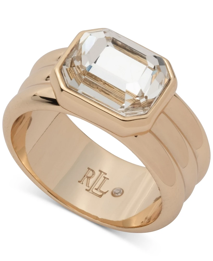 Lauren Ralph Lauren Gold-Tone Crystal Stone Ribbed Ring