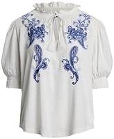 Lauren Ralph Women's Embroidered Jersey Tie-Neck Top