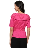 Alex Evenings Women's Elbow-Sleeve Stretch Tie-Waist Collared Taffeta Blouse