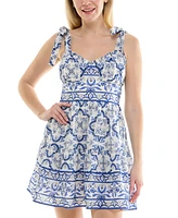 Trixxi Juniors' Cotton Santorini Tie-Strap Smock-Back Mini Dress