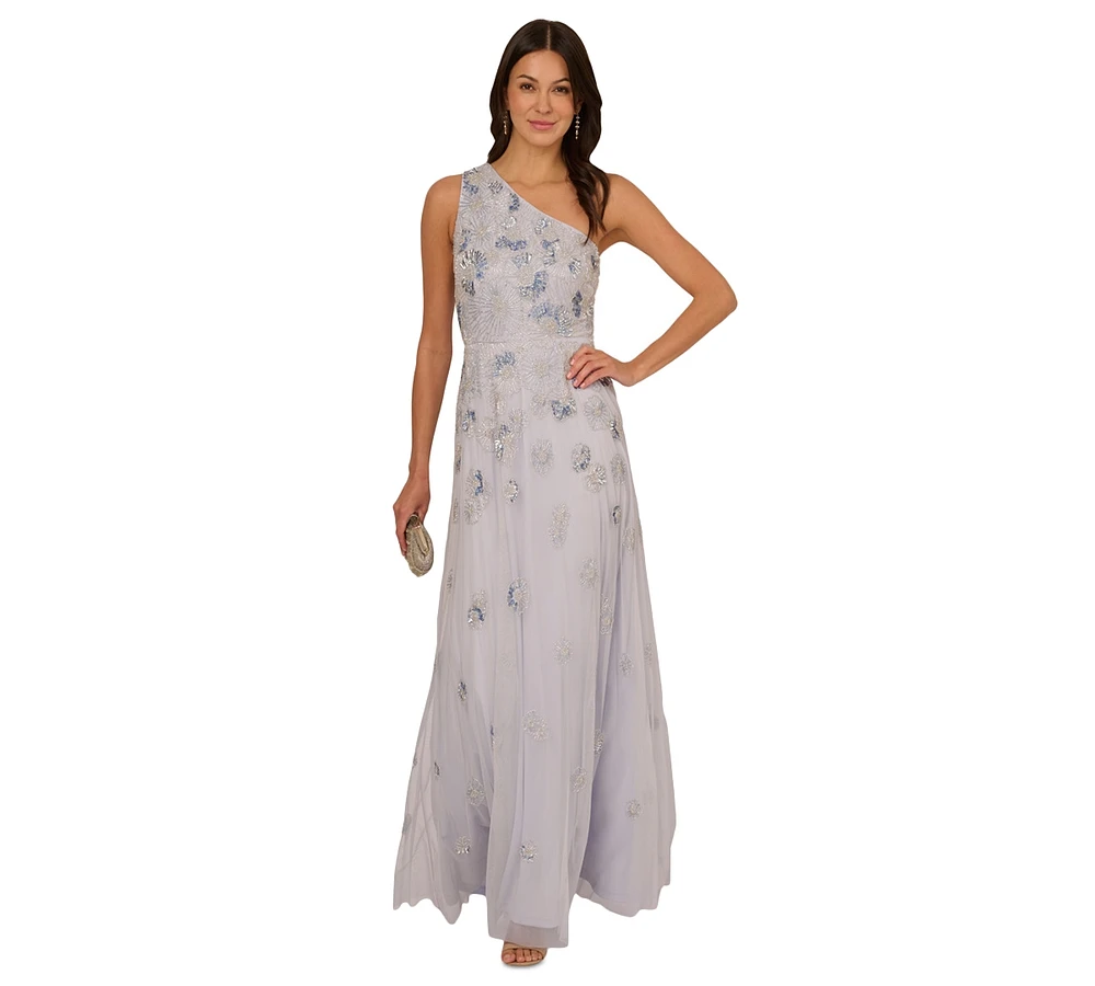 Adrianna Papell Women's Asymmetric-Neck Beaded Mesh Gown