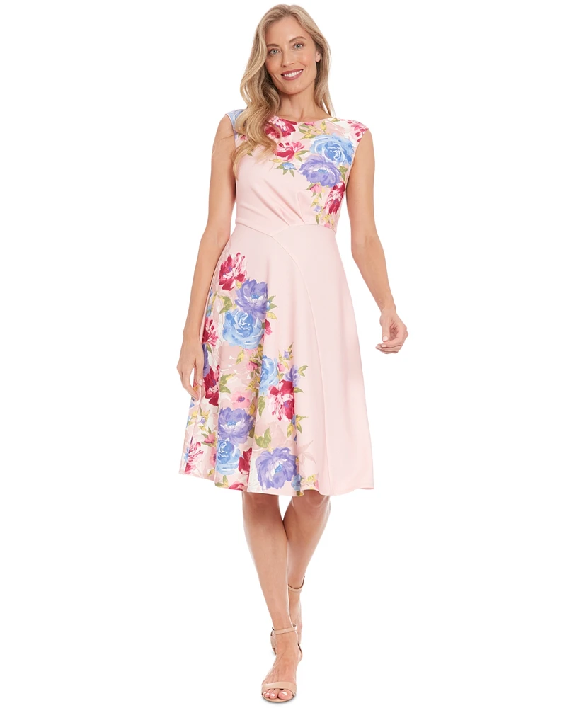 London Times Women's Floral Extended-Shoulder Midi Dress