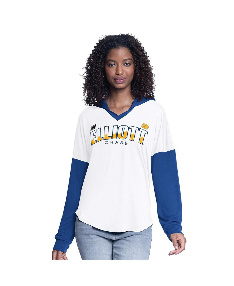 G-iii 4Her by Carl Banks Women's White/Royal Chase Elliott Bench Player Oversized Long Sleeve Hoodie V-Neck T-Shirt