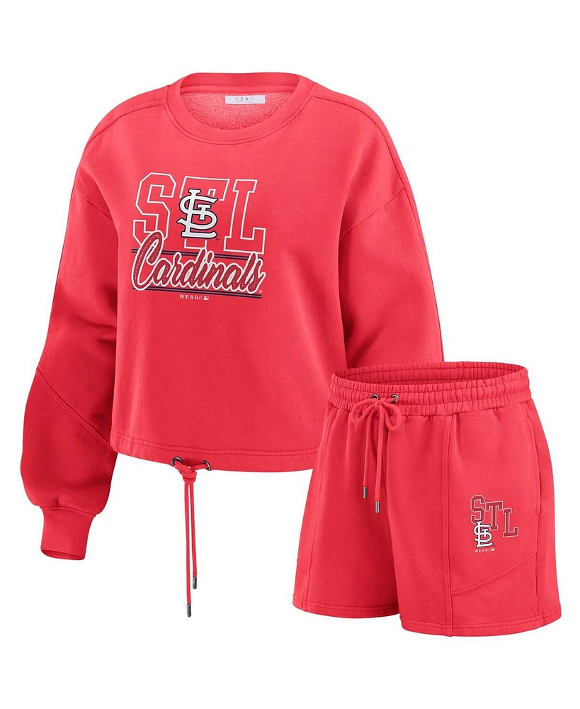 Wear by Erin Andrews Women's Red St. Louis Cardinals Washed Fleece Sweatshirt & Shorts Lounge Set
