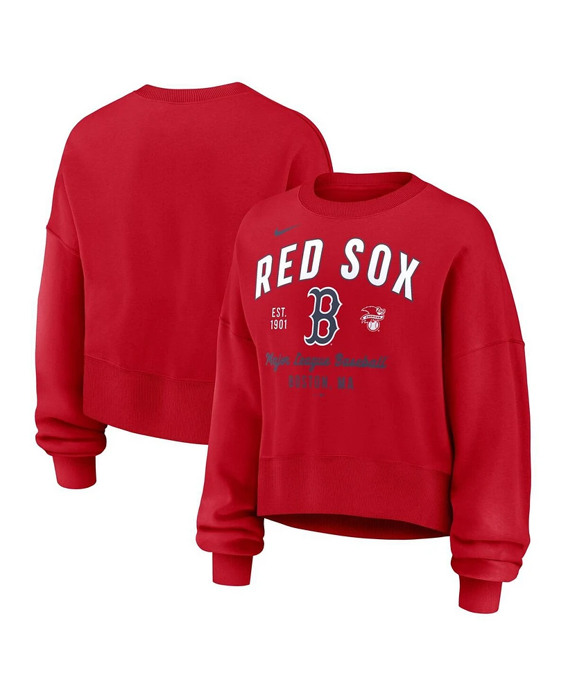 Nike Women's Red Boston Sox Oversized Long Sleeve Cropped Pullover Sweatshirt
