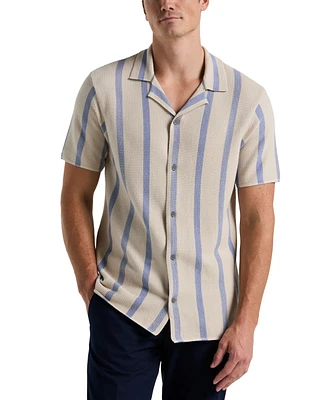 Perry Ellis Men's Short Sleeve Button-Front Cotton Open Stitch Striped Sweater