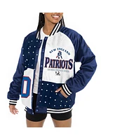 Gameday Couture Women's Navy/White New England Patriots Oversized Hot Shot Rhinestone Throwback Full-Snap Varsity Bomber Jacket