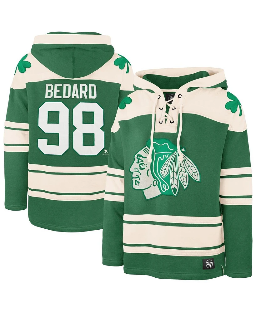 '47 Brand Men's Connor Bedard Kelly Green Chicago Blackhawks St. Patrick's Day Player Name Number Lacer Pullover Hoodie