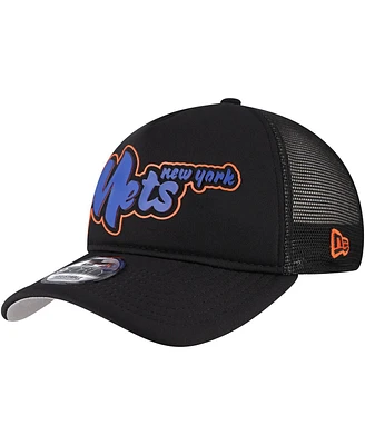 New Era Men's Black New York Mets Retro Bold A-Frame Trucker 9FORTY Adjustable Hat