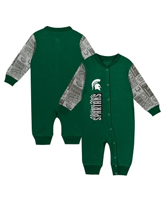Outerstuff Baby Boys and Girls Green Michigan State Spartans Playbook Color Block Long Sleeve Coveralls