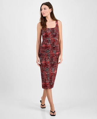 Bar Iii Women's Abstract-Print Mesh Ruched Midi Dress, Exclusively at Macy's