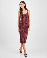 Bar Iii Women's Abstract-Print Mesh Ruched Midi Dress, Exclusively at Macy's