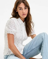 Lucky Brand Women's Smocked Lace Button-Front Top