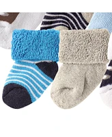 Luvable Friends Baby Boys Newborn Terry Socks, Blue Brown 16-Piece, 6-12 Months