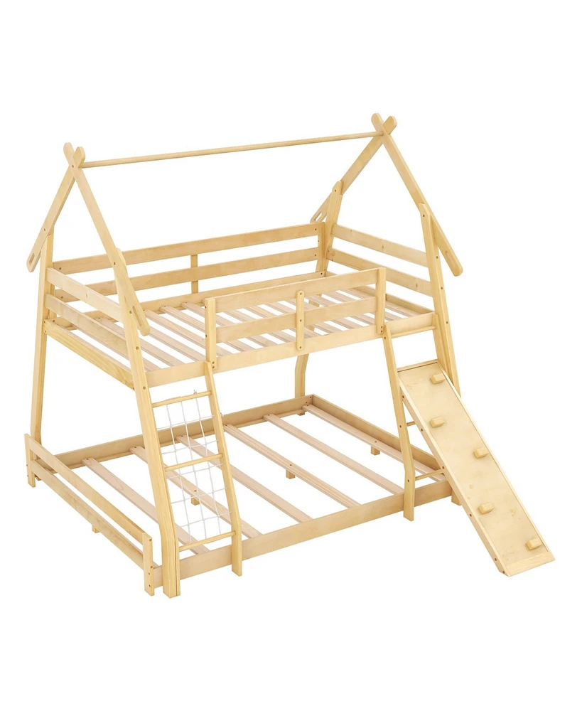 Twin Over Queen Bunk Bed Wooden Kids Bed with Climbing Nets and Ramp