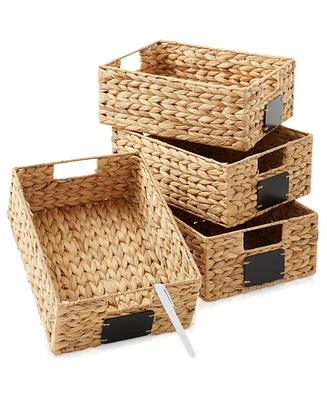 Casafield (Set of 4) Water Hyacinth 10"x13"x5" Pantry Baskets w/ Chalkboard Labels and Marker - Natural, Woven Storage Bins for Kitchen Shelves