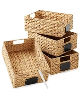 Casafield (Set of 4) Water Hyacinth 10"x13"x5" Pantry Baskets w/ Chalkboard Labels and Marker - Natural, Woven Storage Bins for Kitchen Shelves
