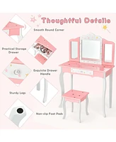Kids Princess Vanity Table and Stool Set with Tri-folding Mirror and Drawer