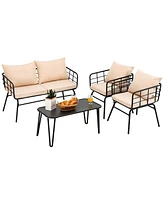 Gymax 4 Piece Steel Structure Outdoor Furniture Set Patio Conversation Set w/ Cushions