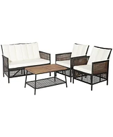 Gymax Piece Patio Pe Wicker Conversation Furniture Set w/ Acacia Wood Tabletop & Cushions