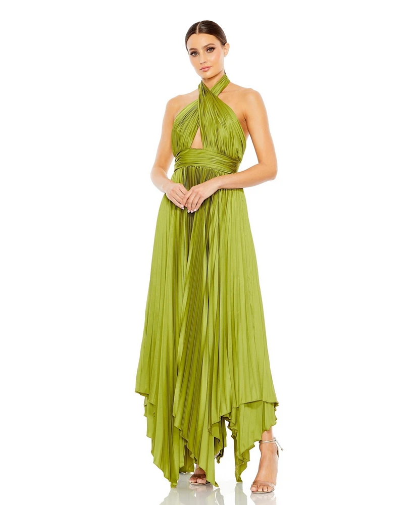 Mac Duggal Women's Pleated Halter Neck Asymmetrical Hem Gown