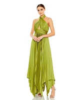 Mac Duggal Women's Pleated Halter Neck Asymmetrical Hem Gown