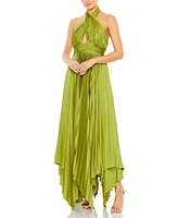 Mac Duggal Women's Pleated Halter Neck Asymmetrical Hem Gown