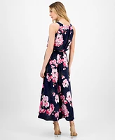Robbie Bee Petite Floral-Print Pleat-Neck Jersey Dress