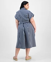 Robbie Bee Plus Striped Tie-Waist Button-Down Cotton Midi Dress