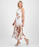 Robbie Bee Petite Floral-Print Elastic-Waist Pleated Halter Midi Dress