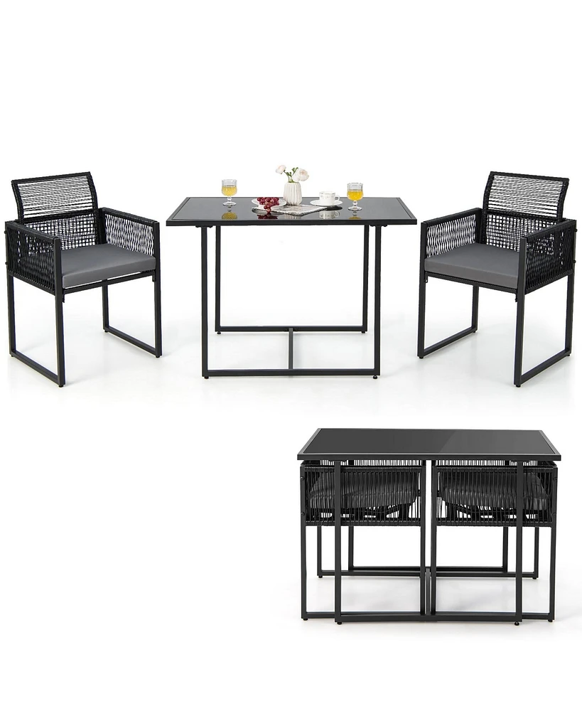 3PCS Patio Pe Wicker Furniture Set Cushioned Chairs with Folding Backrest Backyard
