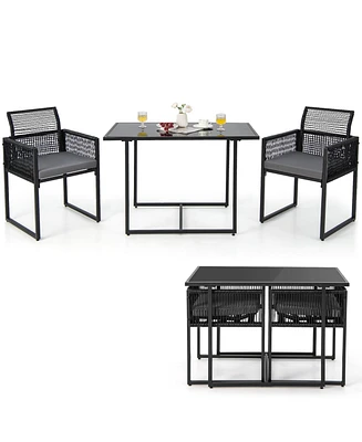 3PCS Patio Pe Wicker Furniture Set Cushioned Chairs with Folding Backrest Backyard