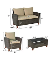 8PCS Patio Rattan Furniture Set Solid Wood Leg Cushioned Sofa Garden Lawn