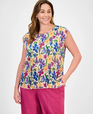 Tahari Asl Plus Floral Plisse Sleeveless Blouse
