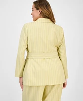 Tahari Asl Plus Pinstriped Notched Collar Belted Jacket