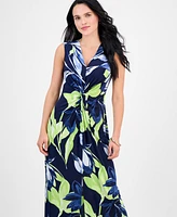 Connected Petite Twisted-Front Floral-Print Maxi Dress