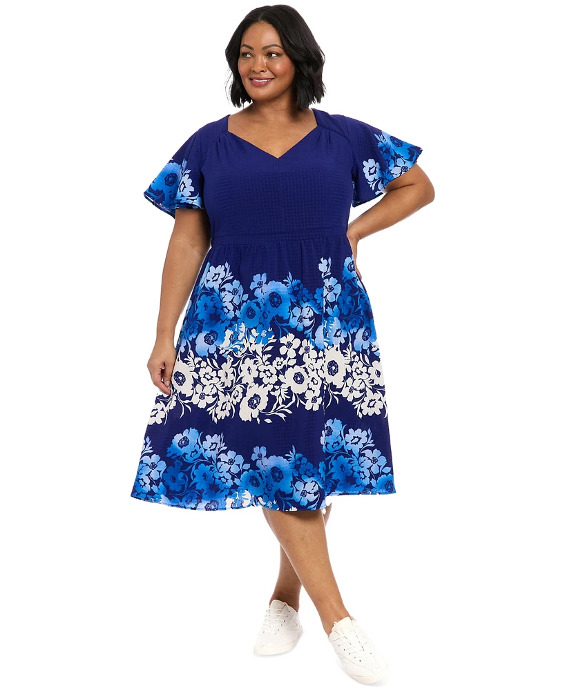 London Times Plus Placed-Floral Flutter-Sleeve Dress