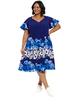 London Times Plus Placed-Floral Flutter-Sleeve Dress