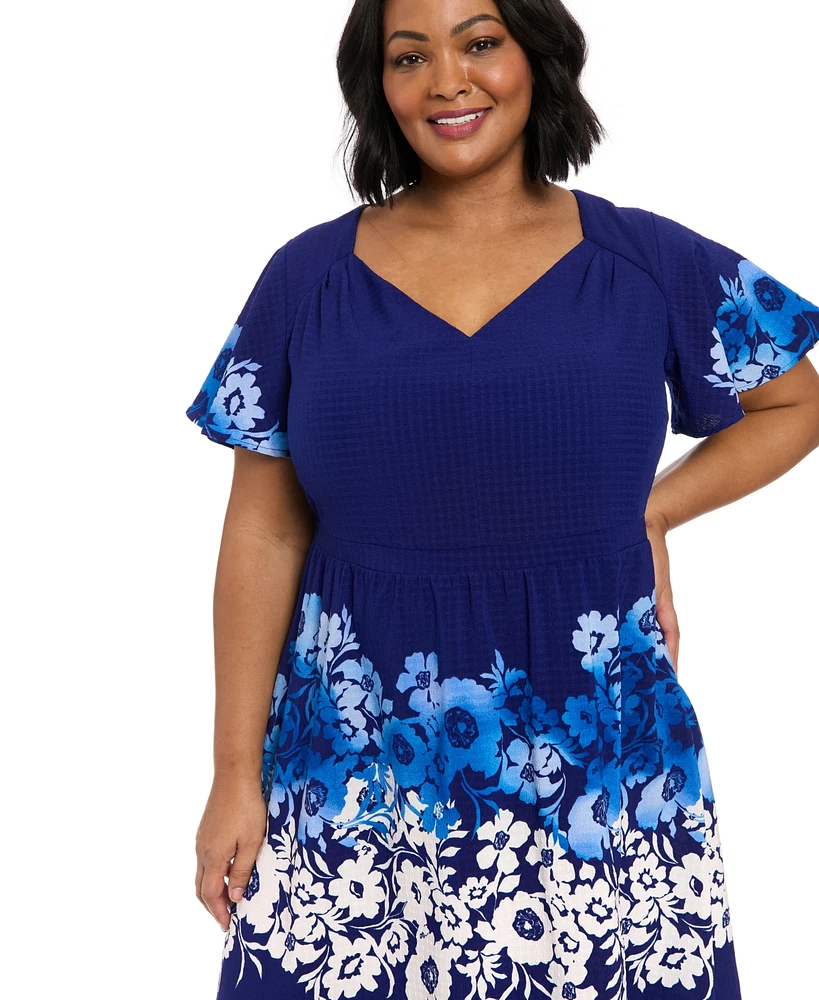 London Times Plus Placed-Floral Flutter-Sleeve Dress