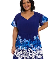London Times Plus Placed-Floral Flutter-Sleeve Dress