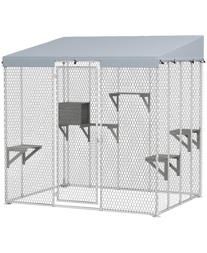 PawHut 79" Large Catio, Galvanized Steel Outdoor Cat Enclosure with Canopy